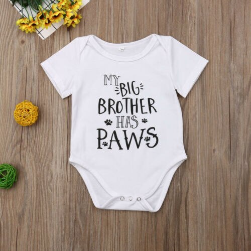 Grappige babyjongen meisje romper brief korte mouw kleding outfit witte babykleding