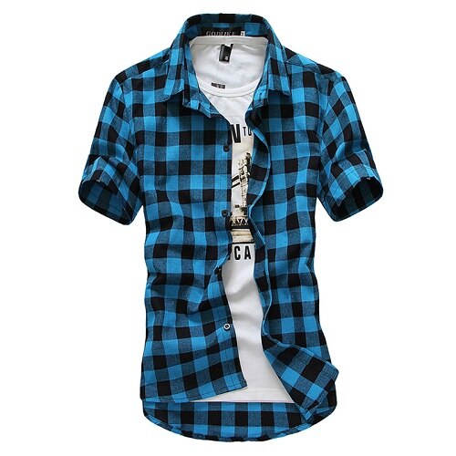 Chemise à carreaux rouge et noir pour homme, tenue d'été décontractée à manches courtes, coupe slim: Plaid bleu ciel / Xxl
