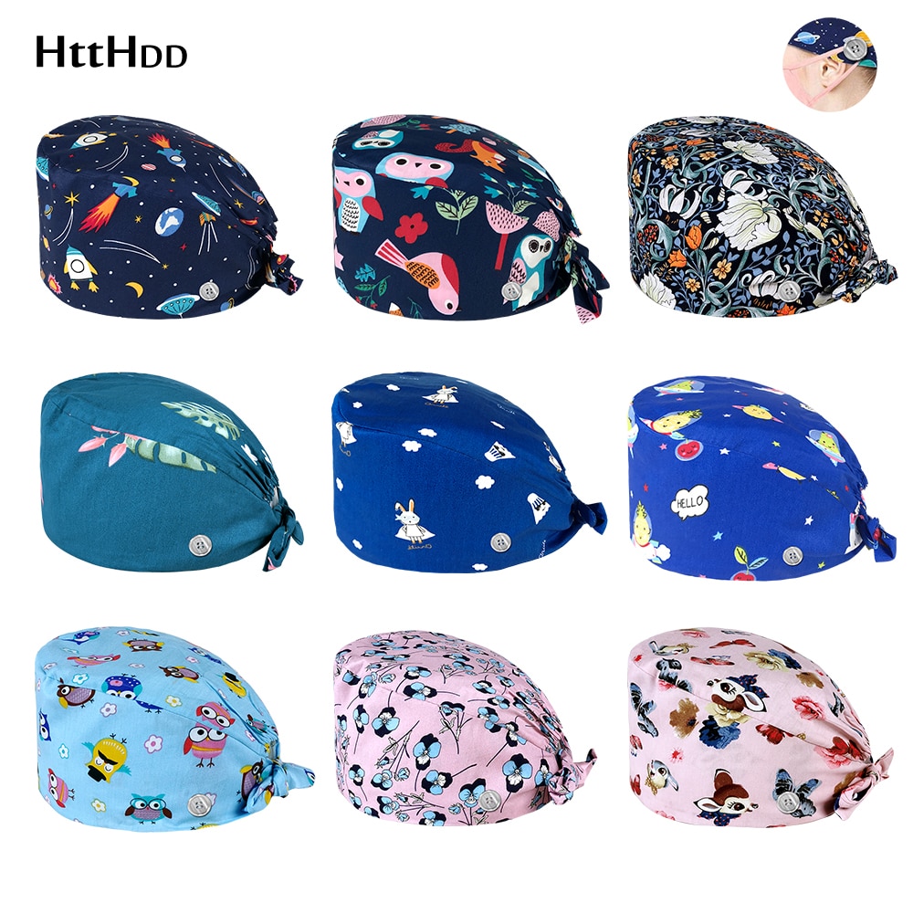 HC2K12018wholesale Buttons scrub hat Unisex sweat-absorbent Pet grooming caps printing Cap Women and Men Cleaning scrub caps