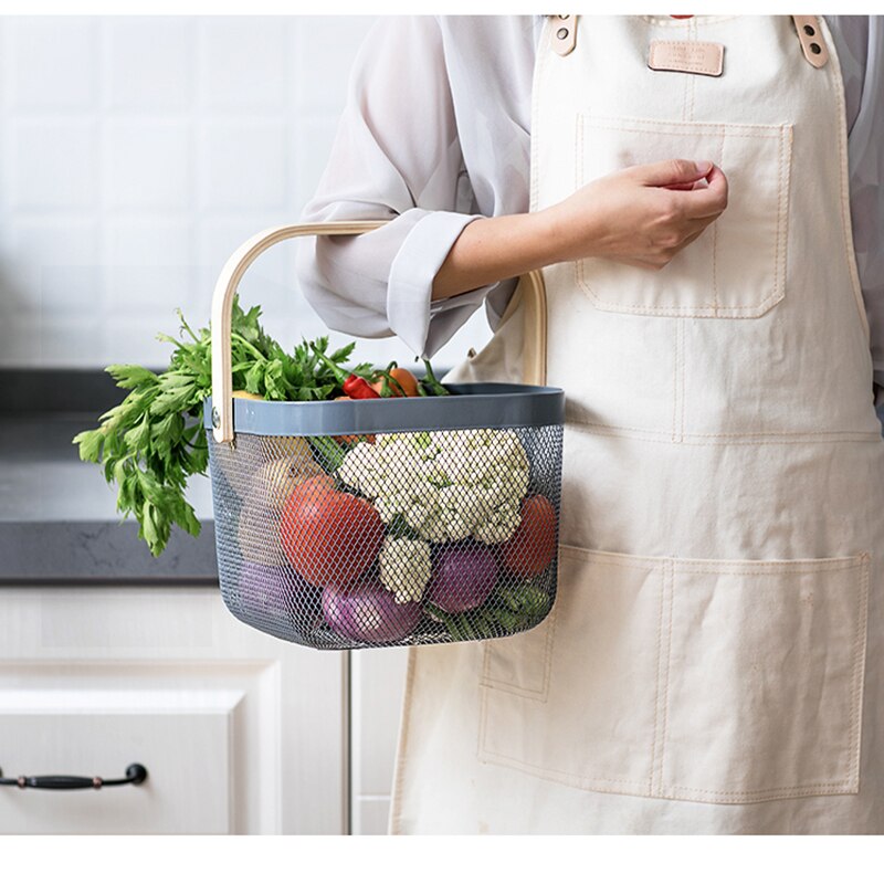 Cesta de almacenamiento de rejilla metálica con mango de madera para almacenar ropa y cosméticos de frutas, organizador de cesta de cocina conciso para baño y casa