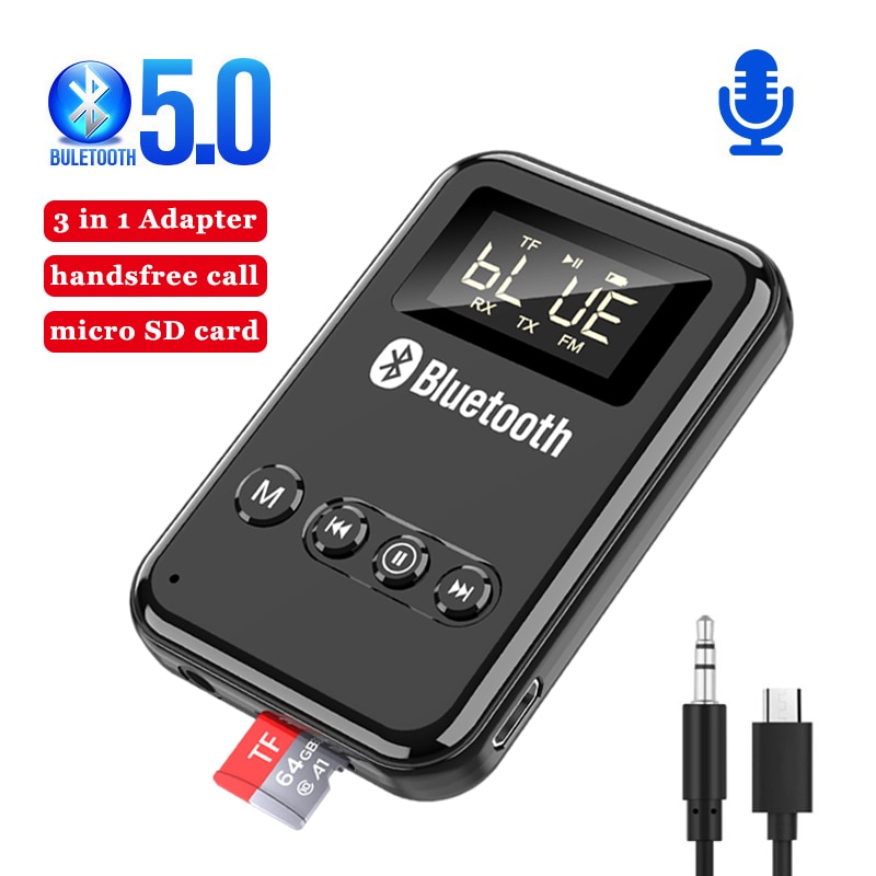 Bluetooth 5.0 modtager sender lcd trådløs adapter 3.5mm jack aux fm bilsæt håndfri opkald & mikrofon til pc tv bilhøjttaler