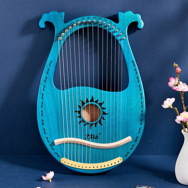 Solid Wooden Entertainment Wooden Lyre Harp Sun God Pattern With Tuning Tool Wrench Cleaning Cloth Metal Strings: 16 strings type D