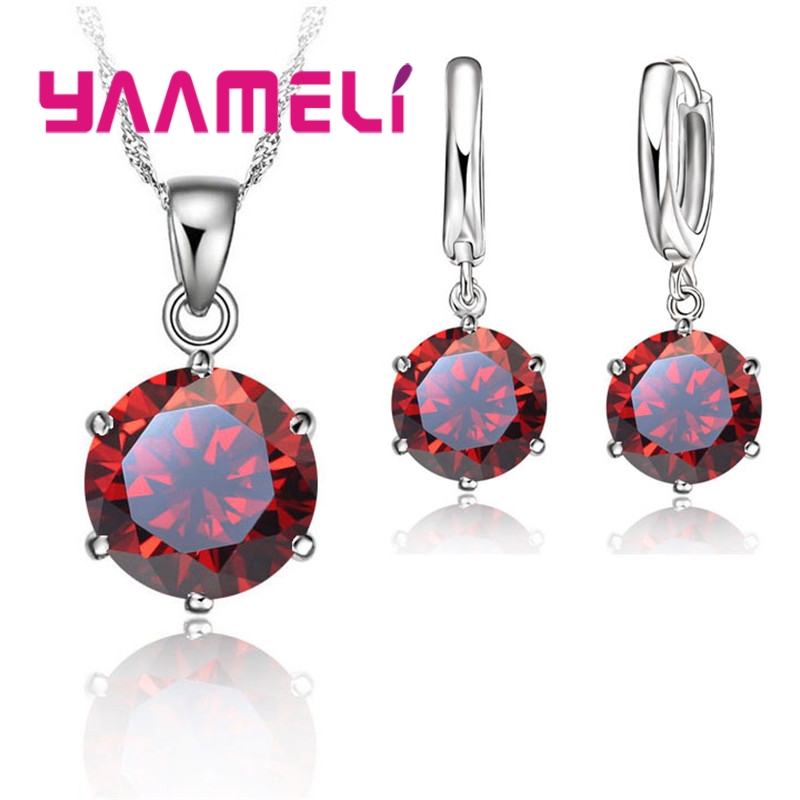 Trendy 925 Sterling Silver Color Jewelry Sets Simple 6 Claws Round Zircon Pendant Necklace Hoop Earrings Set Wedding Bridal
