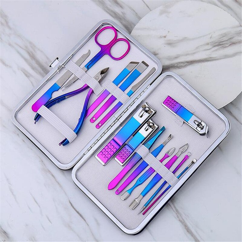 1 Set Rainbow Grandient Manicure Nail Kits Stainless Steel Nail Clippers Set Acne Needle Toenail Grooming Sets 30#