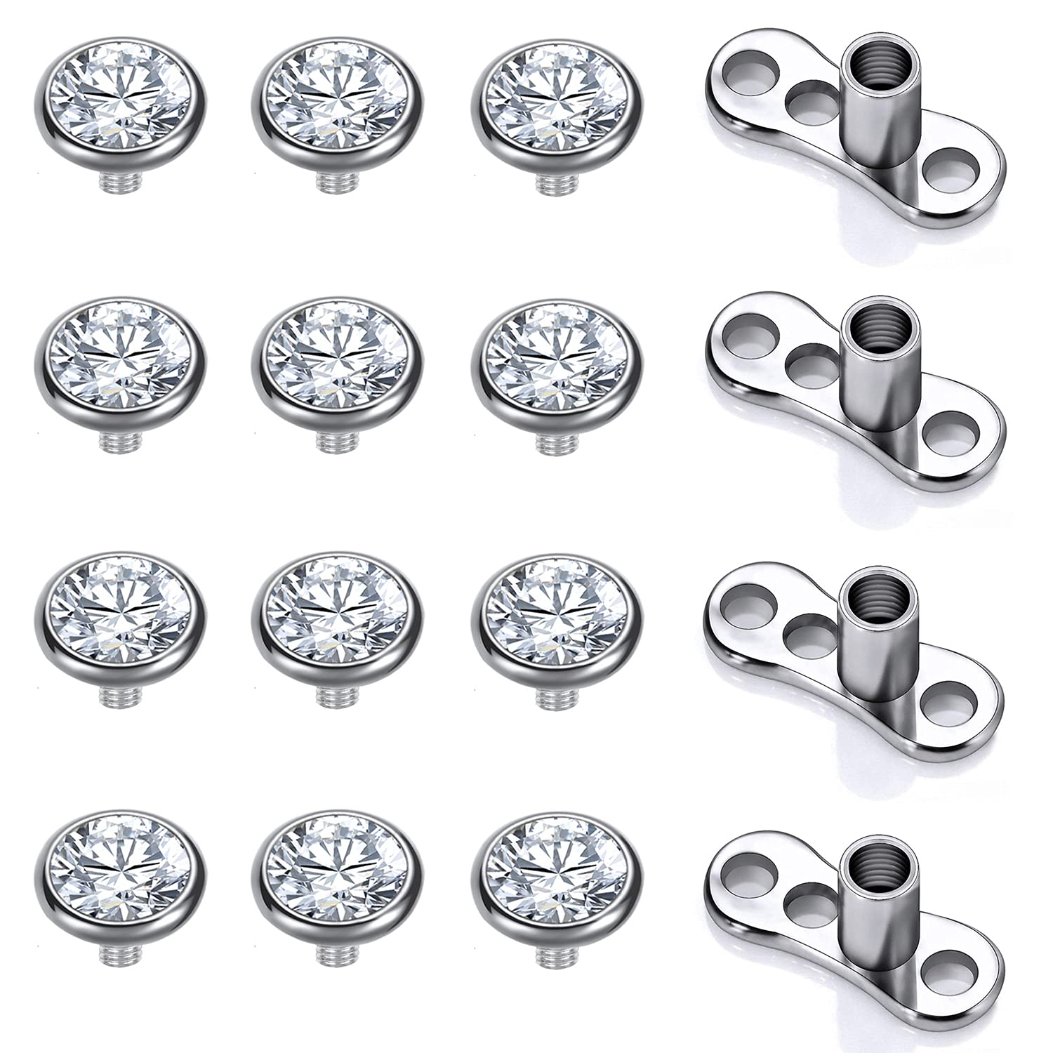 16PCS Crystal Dermal Anchor Tops 3-6mm 14G Surgical Steel Surface Piercing Skin Base: Platinum Plated