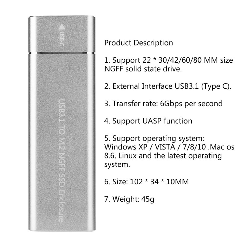 1 Set Aluminium Usb 3.1 Type-C Om M.2 Ngff Ssd Case 6Gbps Externe Harde Schijf Schijf Mobiele externe Behuizing Case Voor Laptop Pc