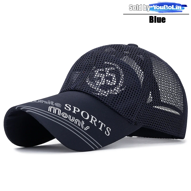 Summer extended brim sun protection baseball cap outdoor sun hat sports breathable hat printed SPORTS mesh cap: Azul