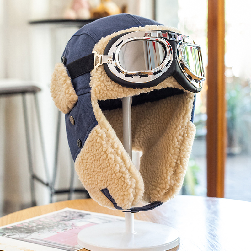 Ski Hat Pilot Bomber Hat Unisex Wind and Cold Winter Cotton Hat Ear Protection and Velvet Earmuffs Cycling Goggles Fluffy Hat