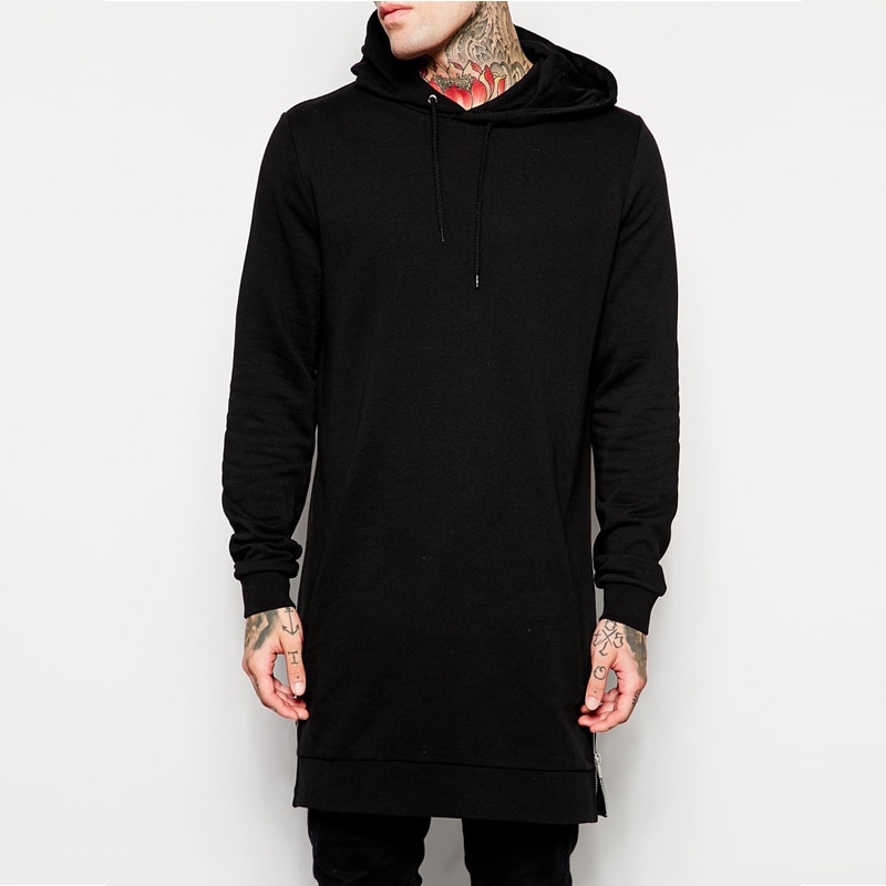 men's hip hop fleece sweatshirts with hoody side zip to hem long sweat shirt men longline hoodies for men