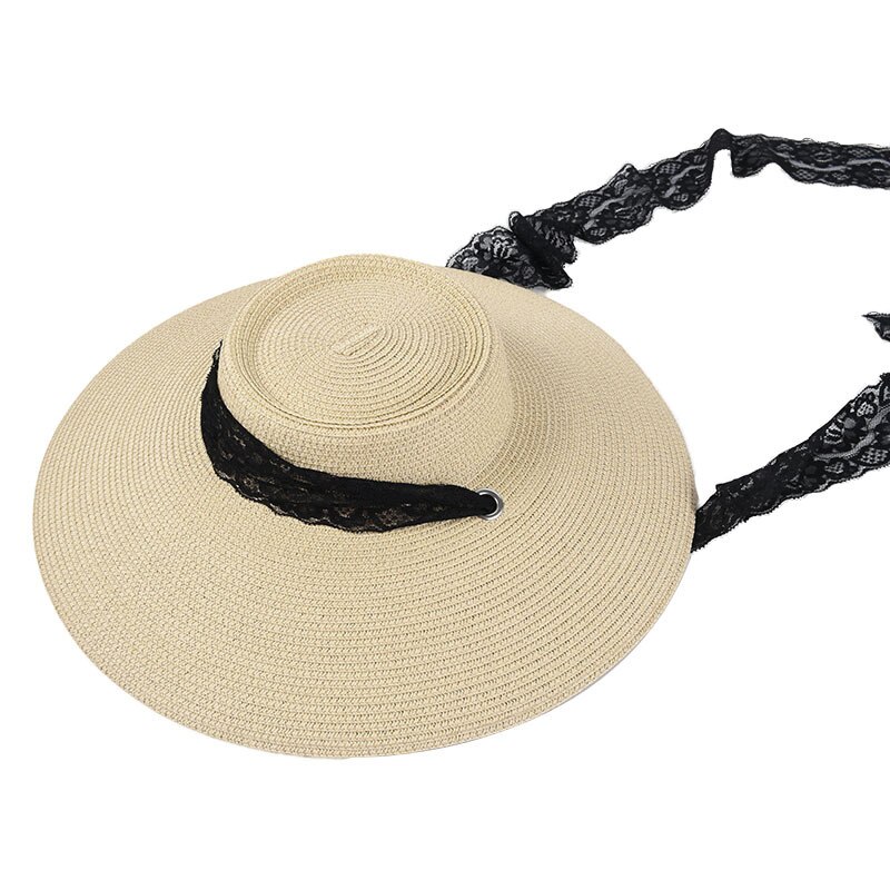 ins stor kant solhatt til kvinner blondere stropper svart strandhatter årgang sommer uv hattemaker   s1091: beige