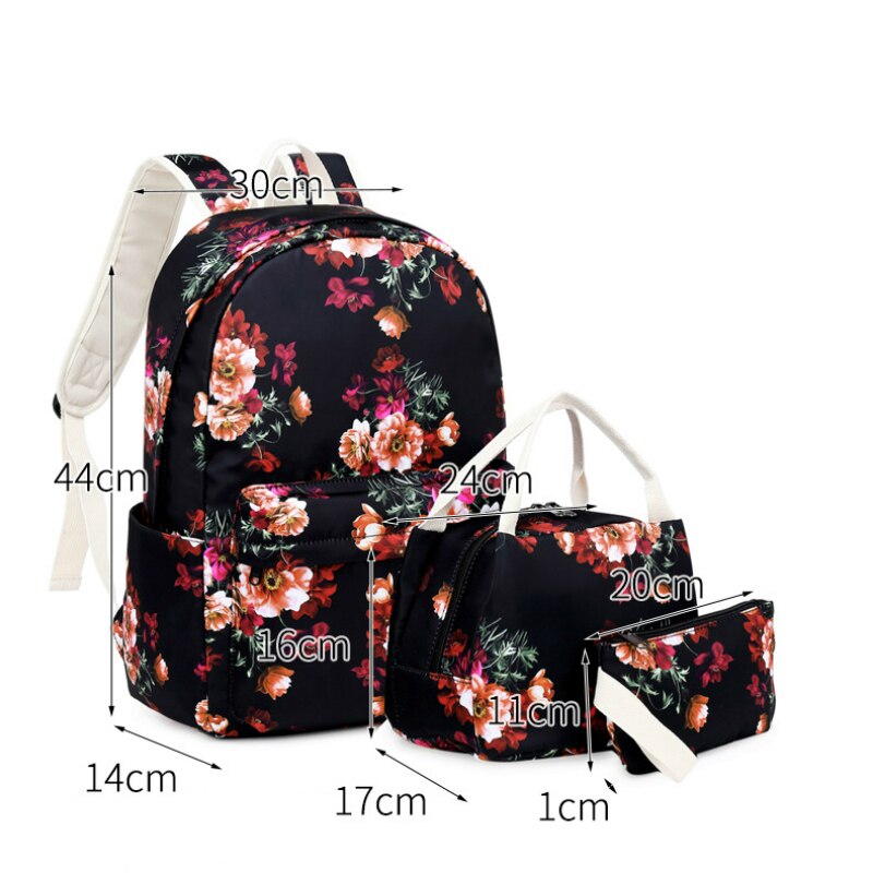 3pcs/set Nylon Waterproof Printing backpack Women School Bag for Teenagers Girls Student Bookbag with Lunch Box