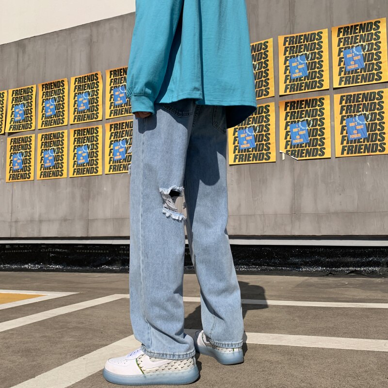 Spring Summer Blue Ripped Jeans Men Casual Straight Jeans Men Streetwear Loose Hip Hop Hole Denim Pants Mens Trousers