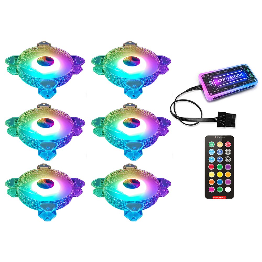 COOLMOON 12cm 6pin PC Case Fan Heatsink RGB Lighting Chassis 3/6 Cooling Fan with Controller: 6fans 1controller