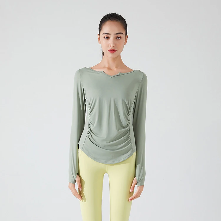 Stown-ropa deportiva para culturismo, camiseta de manga larga para gimnasio, Fitness, ropa de mujer con agujero para el pulgar, Top plisado adelgazante para Pilates y Yoga: M / Azul