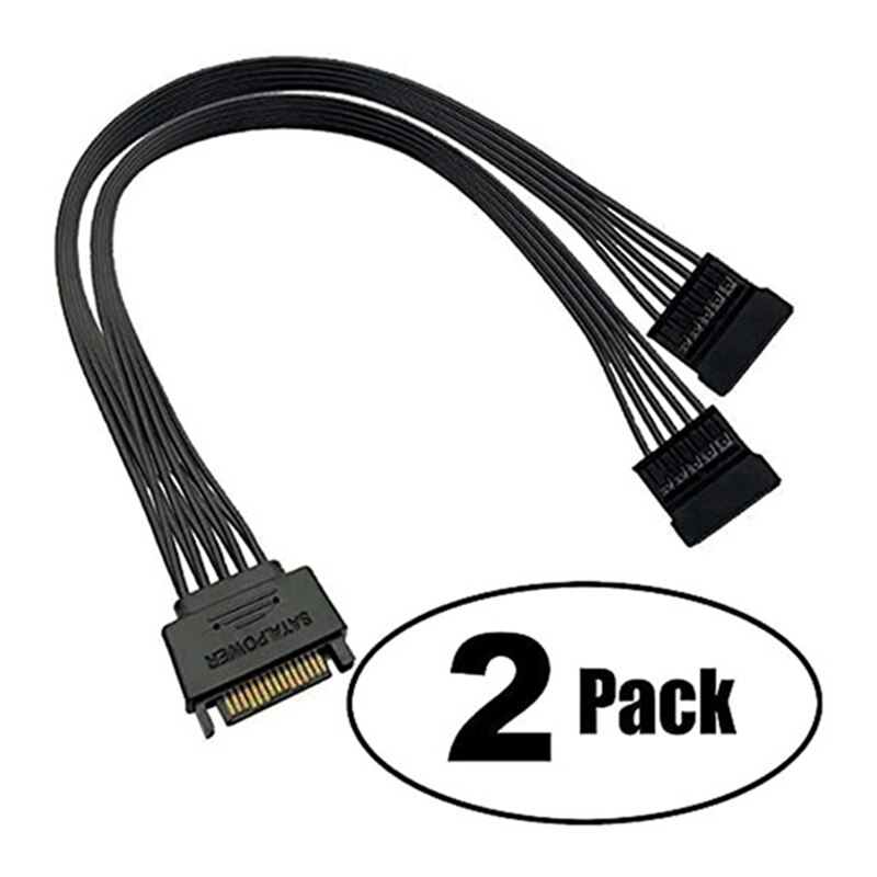 Cable de alimentación SSD de 2 piezas, Cable de alimentación de disco duro SATA de 15 pines macho a 2x SATA de 15 pines hembra, Cable de extensión divisor Y