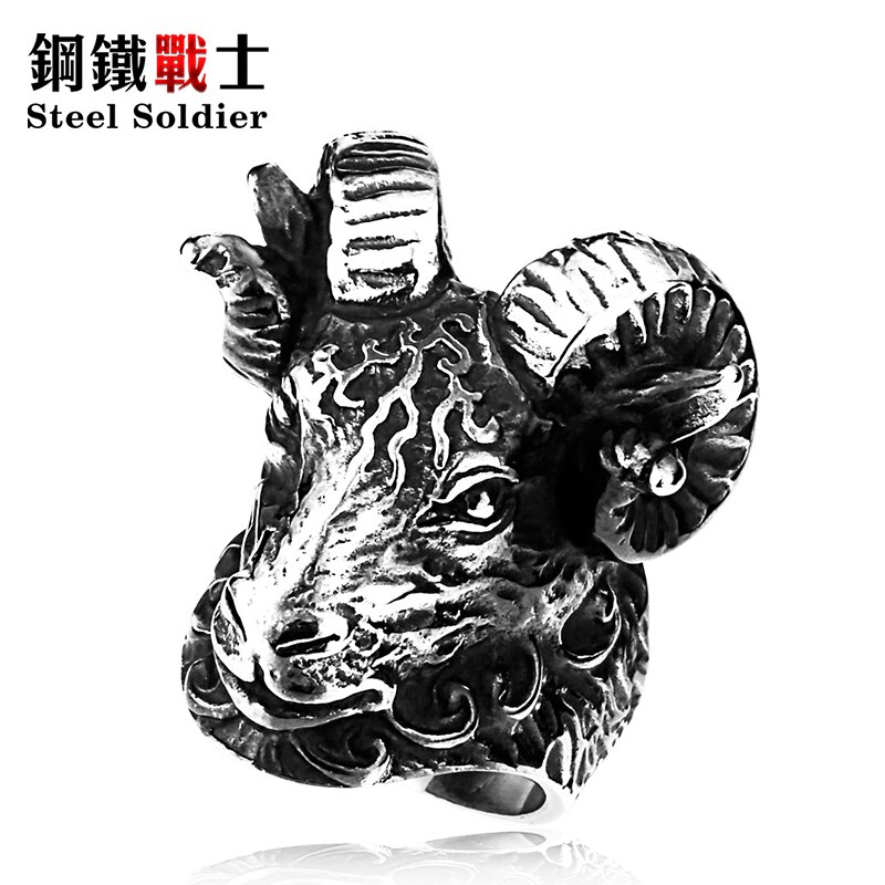 Stalen soldaat, enorme tibetaanse antilope ring, cool dier, roestvrijstalen sieraden, ring, punk, unieke heavy metal sieraden