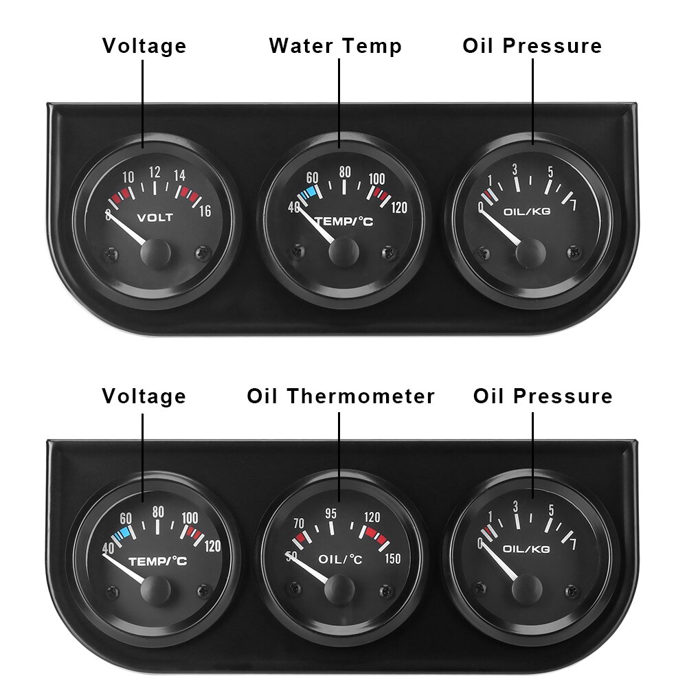 Manomètre universel pour tableau de bord de voiture, 2 &quot;, 52mm, 3 en 1, 12V, avec capteur de température d&#39;huile + température d&#39;eau + Volt, Kit Triple