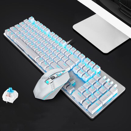 For Mechanical Keyboard and Mouse set for Games, Wired Game Keyboard Mouse, International Big Card: Silver White Blu-Ray