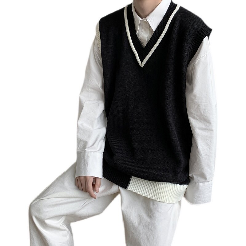 Green Black V-neck Sweater Vest Men Warm Casual Knitted Pullover Men Korean Clothes Loose Casual Sleeveless Sweater Mens