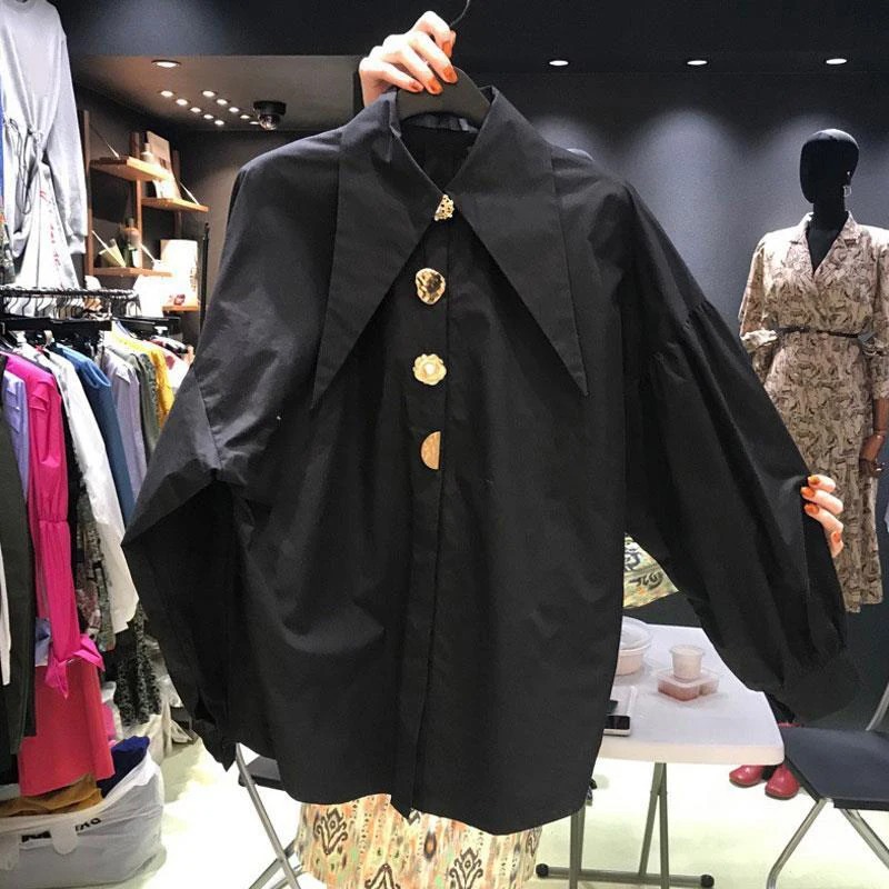 Weiße Elegante Perle Frauen Hemden Koreanische Scharf Ecke Kragen verlieren Lange Hülse Damen Bluse Y2k Neue schick Weibliche Spitzen: XXXL / Schwarz