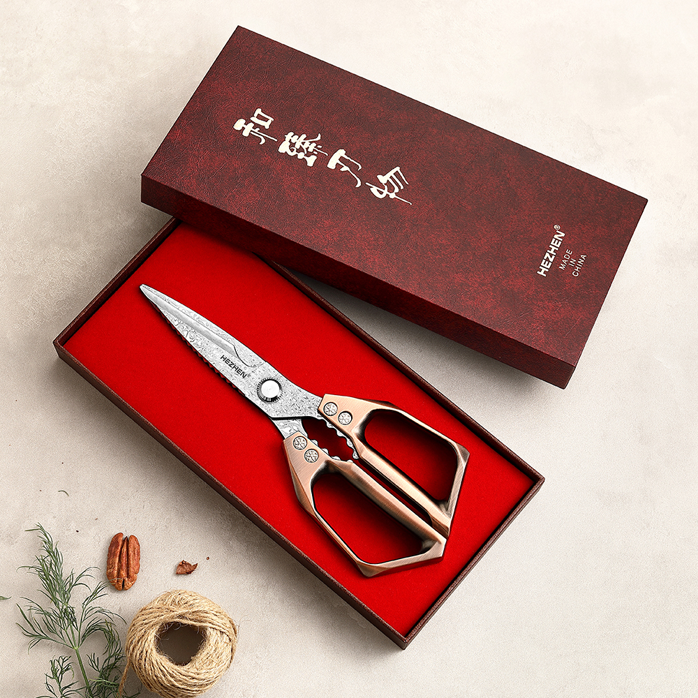 HEZHEN-Tijeras de cocina de acero damasco, 110 capas, tijeras para nueces, raspar escamas de pescado, herramientas multifuncionales para tijeras de cocina