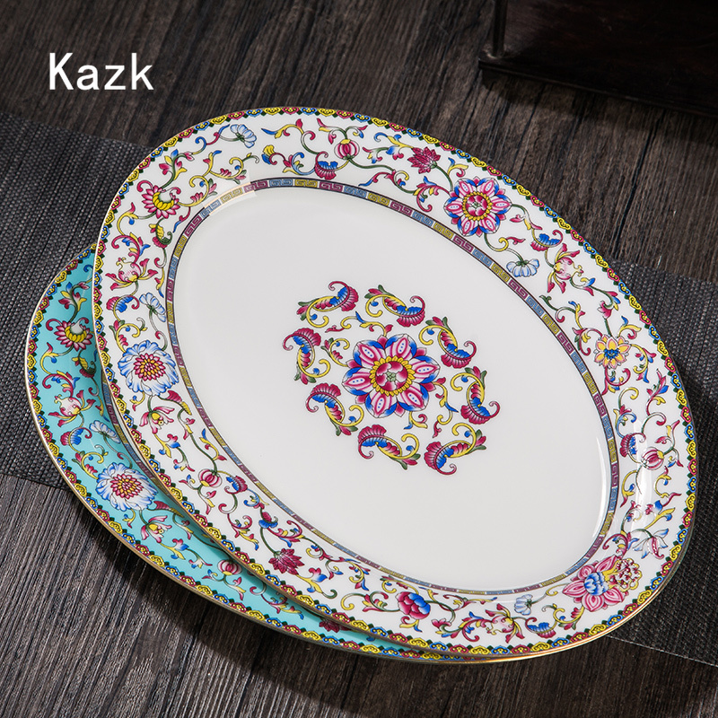 Golden Side Palace Relief Ceramic Plate Chinese Style Enamel Color Bone China Large Fish Plate Tableware Dishes Antique Plate