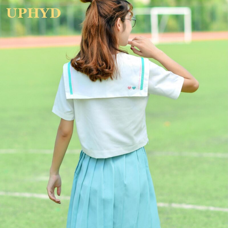 UPHYD Anime School Uniform Lolita Sailor Suits Japan Korea Teen Girls Chorus Uniforms White Shirt and Light Green Pleated Skirt