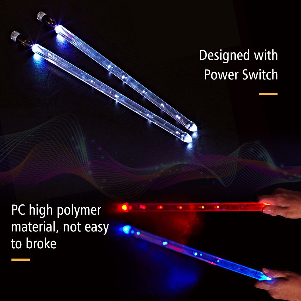 Baguettes de batterie de Jazz à lumière LED, 15 dégradés, lumières colorées, chargeur USB avec interrupteur marche/arrêt