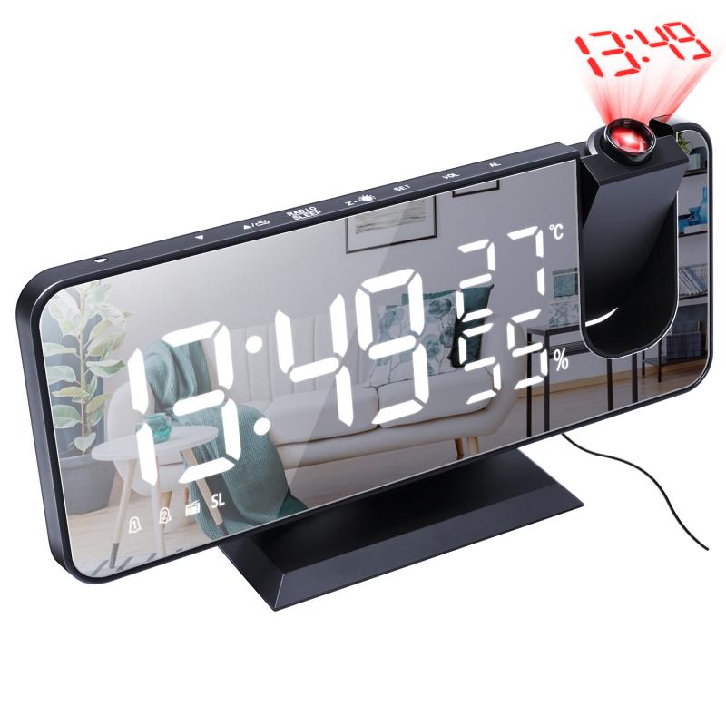 Led Digitale Projectie Wekker Met Temperatuur En Vochtigheid Fm Radio Spiegel Klok Snooze Dimmer Plafond Projector Klok