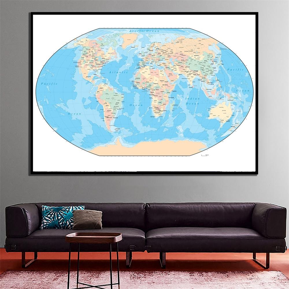 2x3ft Fine Canvas Wall Painting The World Projection Map For Office/School Wall Decor
