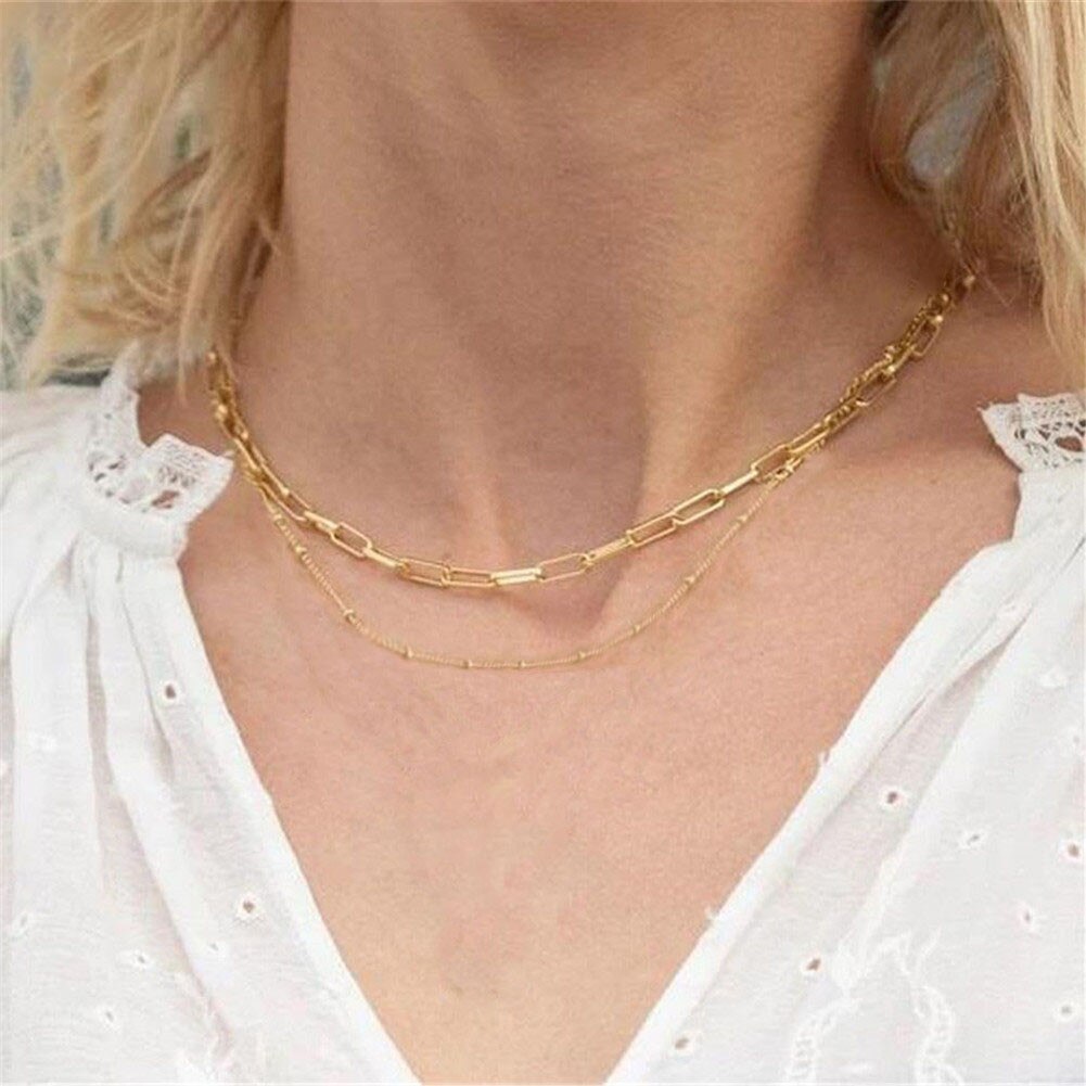 Edelstahl Platz Paperclip Ketten Halsband Halsketten Für Frauen Doppel Schicht Halskette Schmuck valentinstag