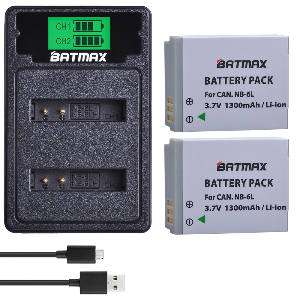 2Pcs NB-6LH NB-6L Battery + Charger Type C Port for Canon PowerShot D10 D20 D30 S95 SX260 SX280 SX540 SX700 SX710 HS Camera: 2Pcs set
