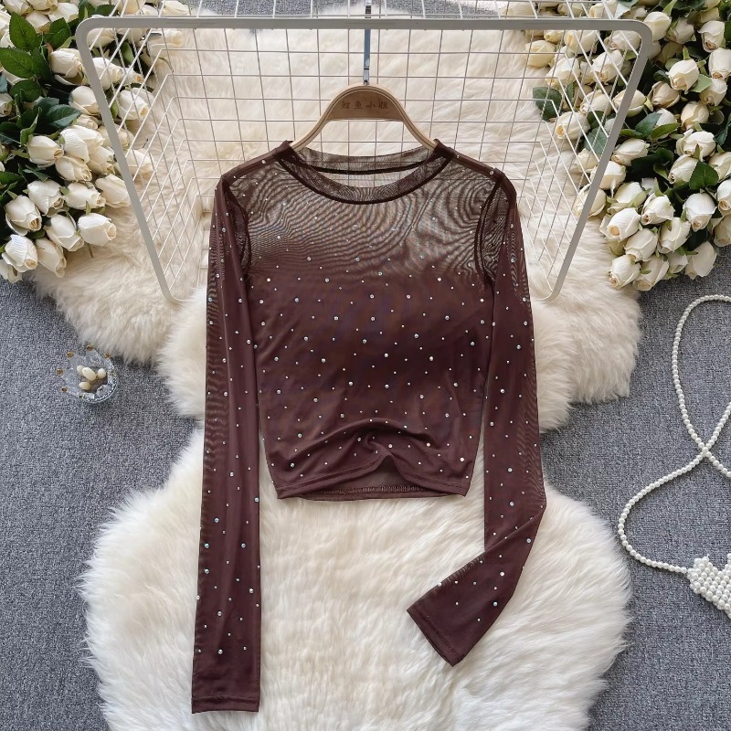 Kvinder hotsweet chic rhinsten mesh transparent lange ærmer sexet crop top slank sexet koreansk t-shirt efterårsskjorte til kvinder