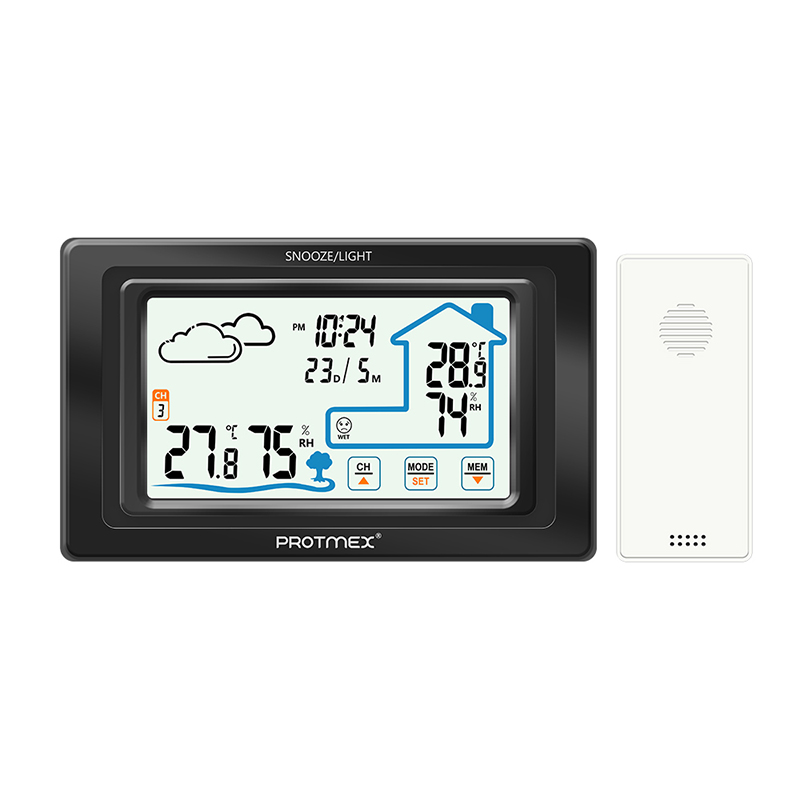 Protmex PT19A Weather Station Wireless Indoor Outdoor Touch Screen Weather Station Wireless Temperature and Humidity Monitor: PT19A-B