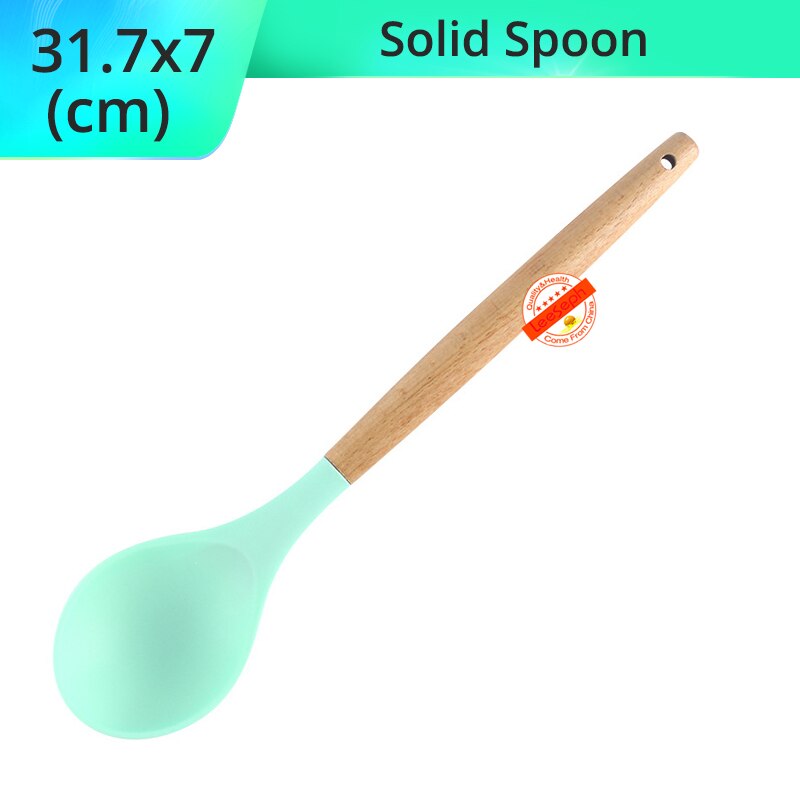 Silicone Cooking Utensils Kitchen Utensils, Acacia Wooden Cooking Tool for Nonstick Cookware - Best Kitchen Gadgets: Green-Solid Spoon