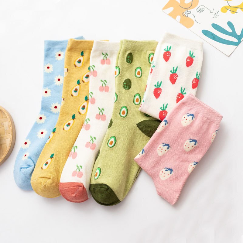 Cartoon Fruit Print Women Funny Socks Japanese Style Girls Kawaii Cute Crew Socks Cotton Breathable Harajuku Retro Casual Socks