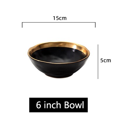 Assiettes à dîner en porcelaine mate à incrustation d'or, assiettes rondes de luxe pour mariage, fête décorative pour la maison, service de vaisselle: Black 6 inch