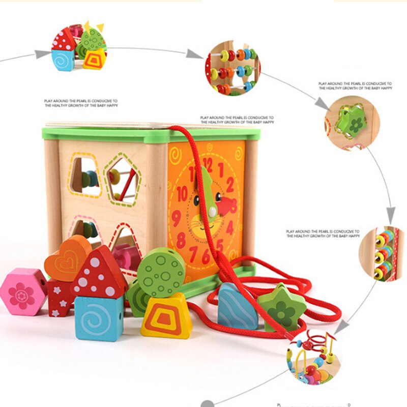 Kinderen Multifunctionele Vier Zijden Schatkist Houten Vijf-In-een Kleurrijke Kralen Speelgoed Baby Onderwijs Intellectuele Puzzel Game