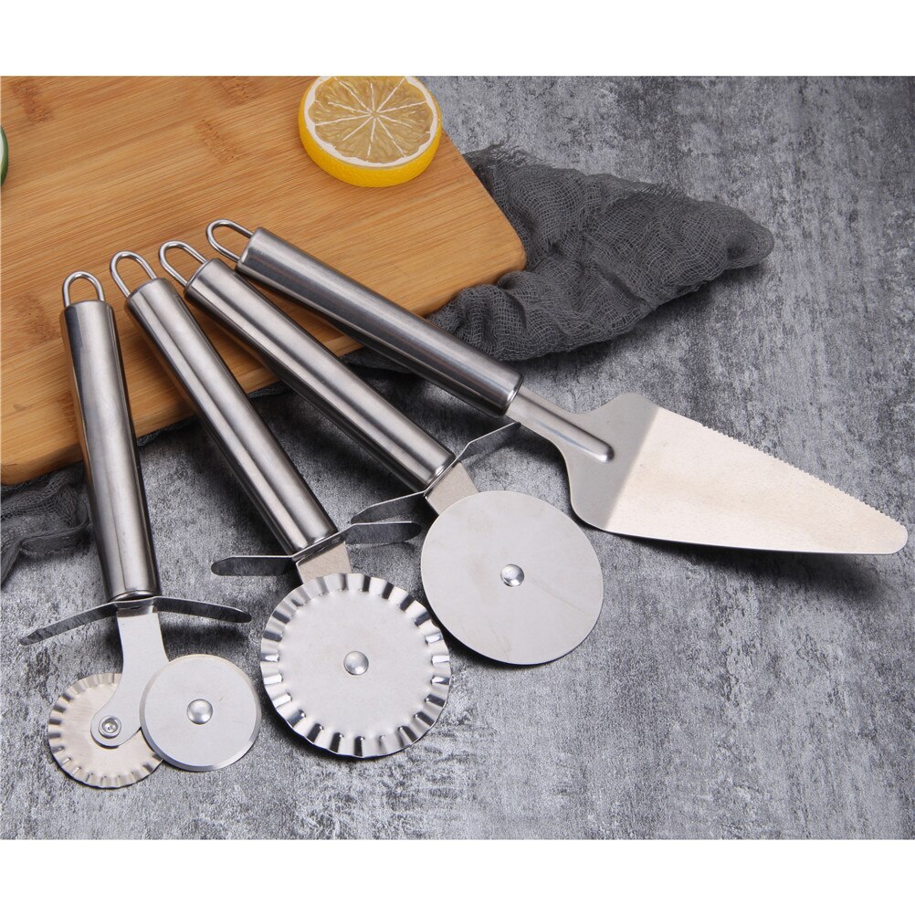 Keuken Pizza Tool 4 Patronen Pizza Cutter Rvs Dubbele Roller Pizza Mes Cutter Gebak Pasta Deeg Crimper