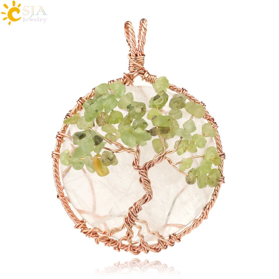 CSJA Natural Cabochon Stone Tree of Life Pendant Rose Gold Color Wire Wrap Chip Bead Wisdom Tree Healing Women Men Necklace G193: White Crystal