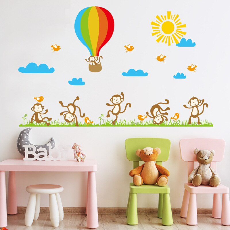 Aap luchtballon Muurstickers voor kinderen kinderkamer achtergrond decoratie nursery Mural Behang Art Decals sticker