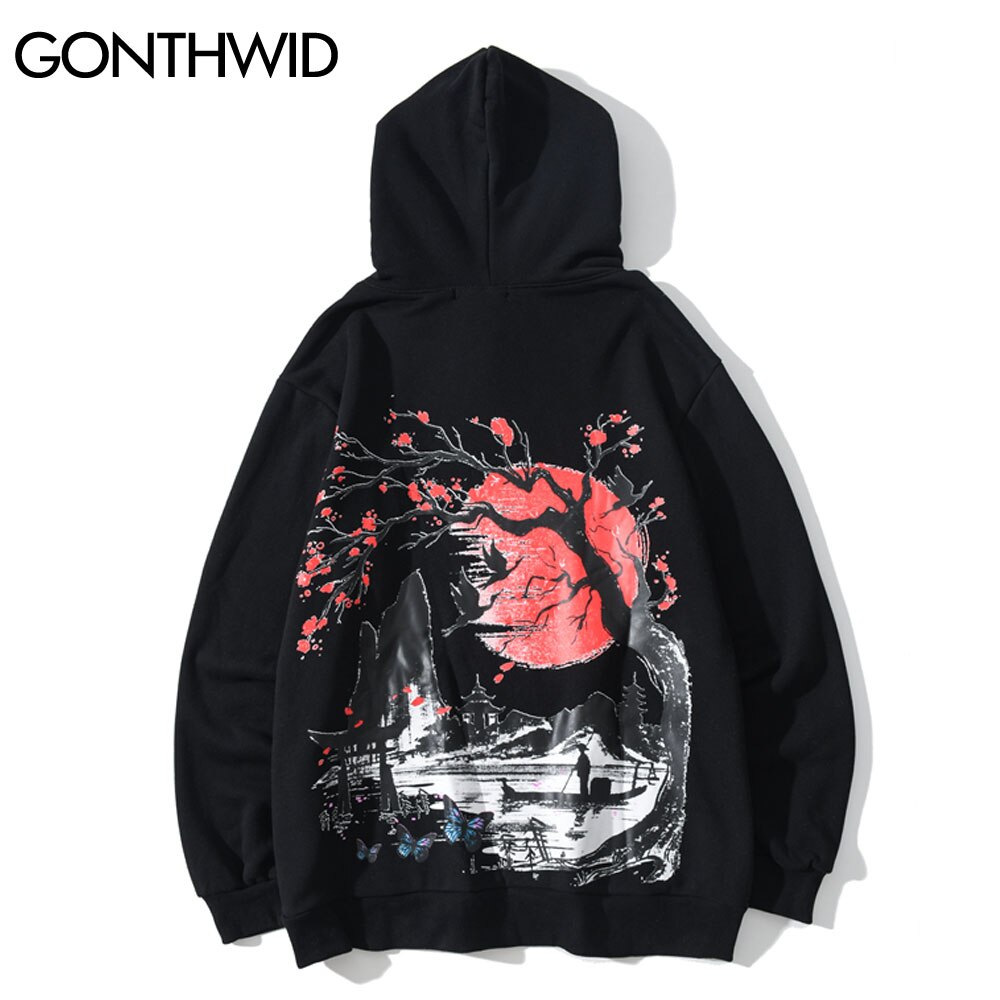 Gonthwid Hoodies Streetwear Hip Hop Chinese Stijl Landschap Vlinder Print Hoody Mannen Harajuku Casual Pullover Tops