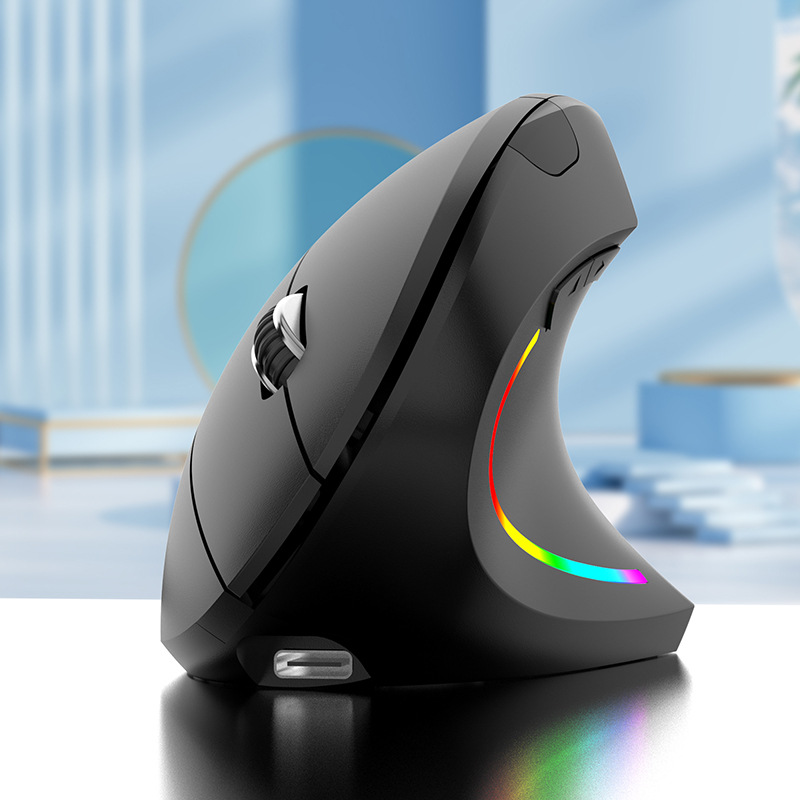 Wireless Vertical Mouse Bluetooth 2.4G Dual Mode 6 Keys Ergonomic 2400 DPI RGB Backlight Type C Muted Click Gaming H1: black