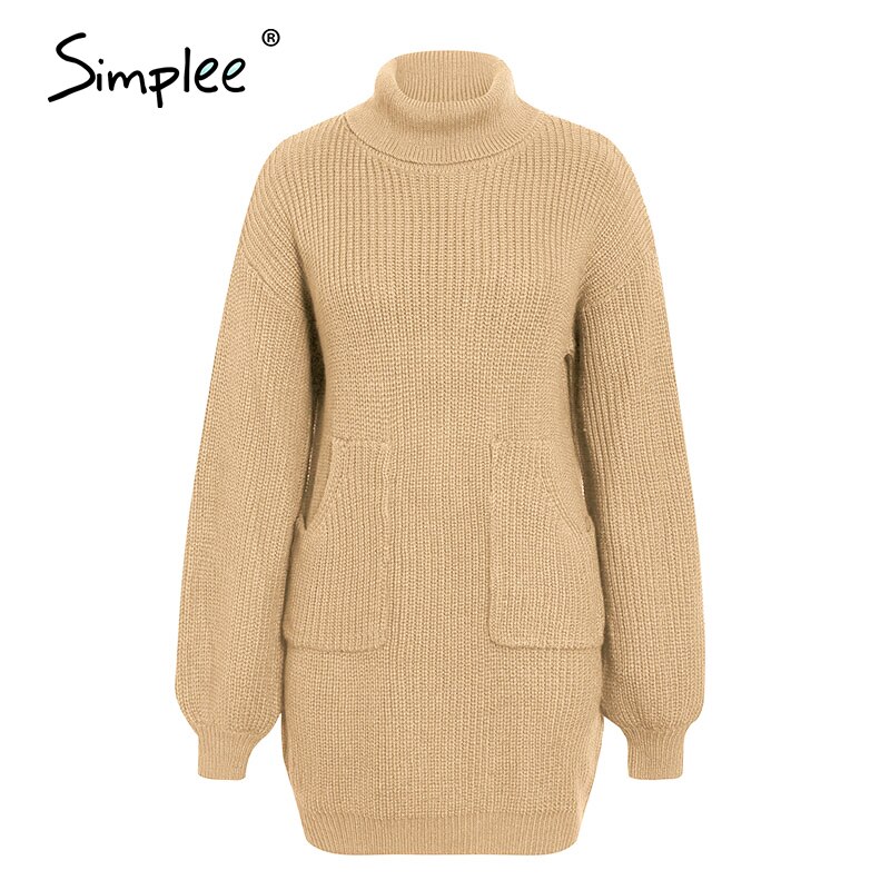 Simplee Casual turtleneck women sweater dress Autumn winter knitted dress with pockets lantern sleeve female sweater dress: Khaki / M
