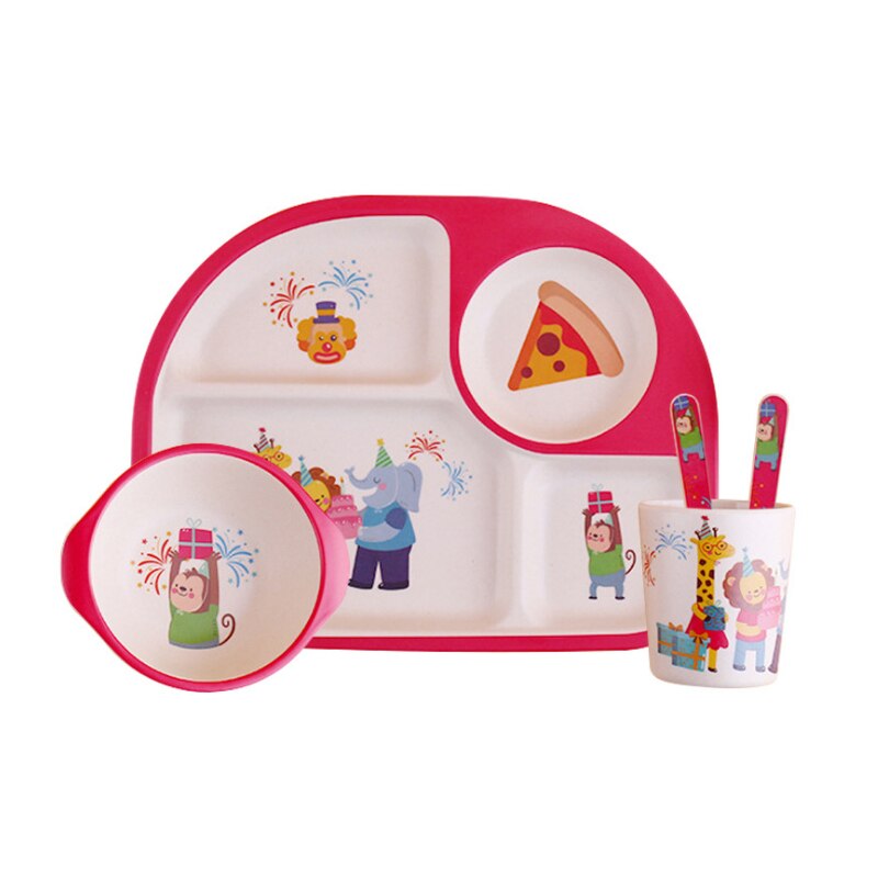 5 stuks/set baby schattige cartoon eetgerei kinder dinerbord peuter eetbakjes baby kinderen oefenkom lepel vork: Rood