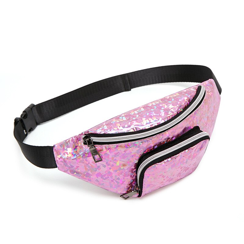 Fanny pack women PU leather waist bag sequins shoulder messenger chest bag coin belt purse phone bag key pouch: Pink2