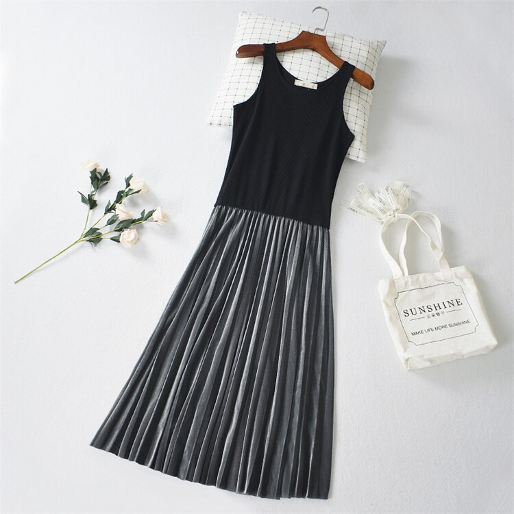 Gold Velvet Pleated Vest Slip Dress Women Ribbed Cotton Stretch Sleeveless Inner Sling Dress Petticoat Autumn Pleuche Full Slip