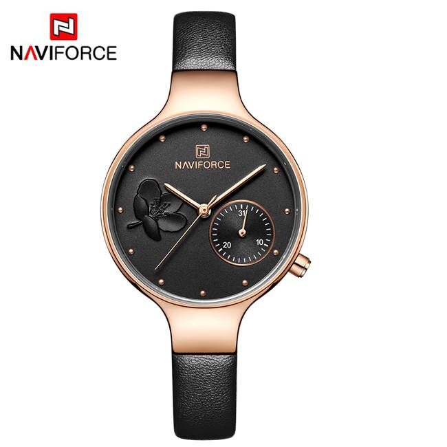 Naviforce Vrouwen Mode Blue Quartz Horloge Lady Lederen Horlogeband Casual Waterdicht Horloge Voor Vrouw: Black