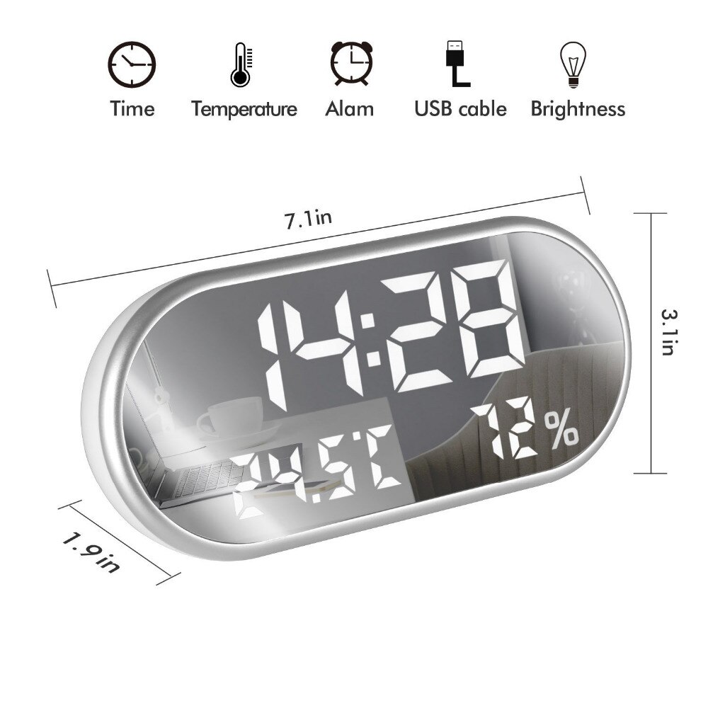 Digital Alarm Clock Portable Mirror HD LED Display with Time/Humidity/Temperature/Display Function USB Port ChargingNew Qgnv