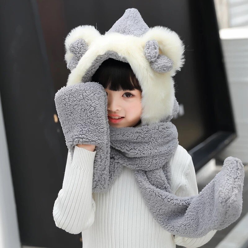 Baby Girls Mom Ears Hats Children Women Winter Warm Plush Winter Scarf Caps Gloves Cute Kids Cute Bunny Funny Hats Cap: Kids-Gray